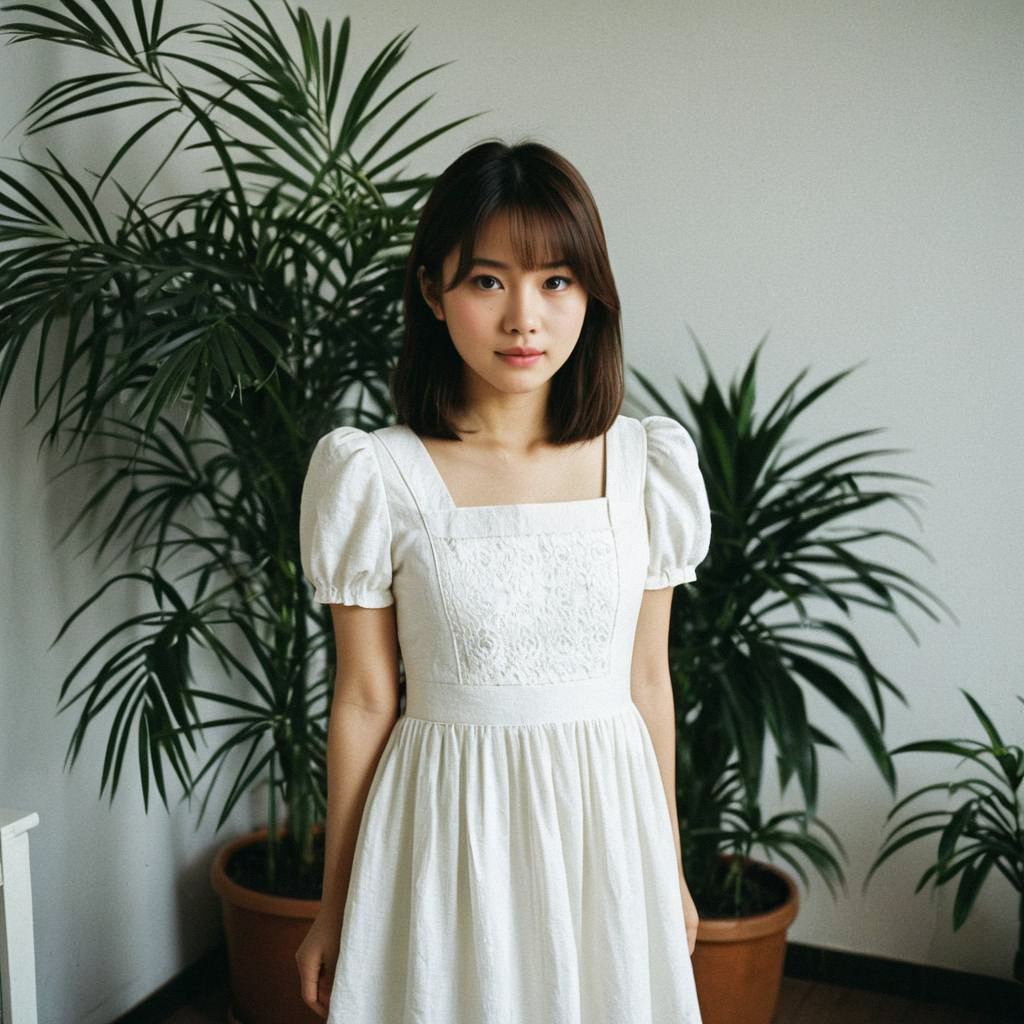 Young Woman in Vintage White Dress with Plants