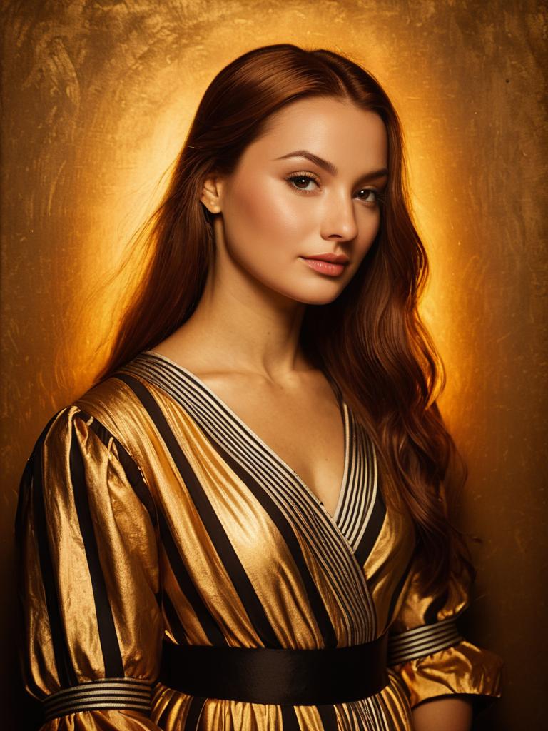 Woman in Casual Chic Metallic Gold Striped Dress with Puff Sleeves