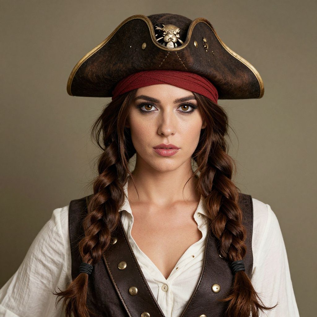 Portrait of Woman in Classic Pirate Costume with Tricorn Hat and Braided Hair