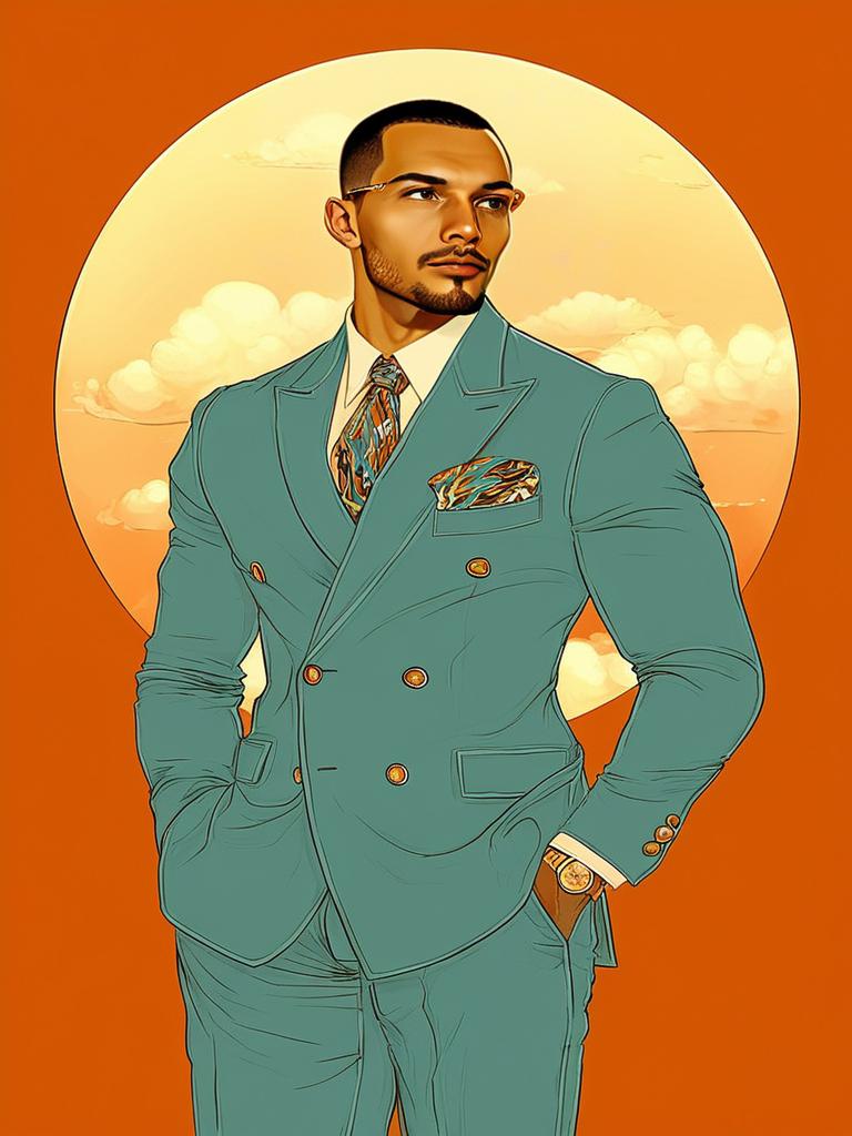 Confident Man in Teal Suit Against Orange Background Confident Man in Teal Suit Against Orange Background