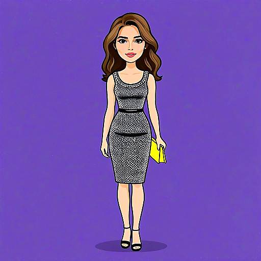 Stylish Woman in Fitted Knee-Length Dress with Yellow Clutch Illustration