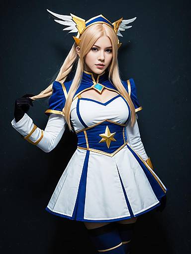 Realistic Anya Alstreim Cosplay Woman in Blue and White Costume