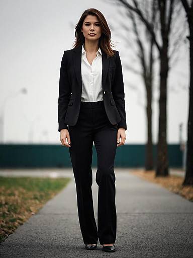 Woman in Black Pantsuit and White Shirt Walking Outdoors