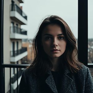 Moody Realistic Portrait of Young Woman on Urban Balcony