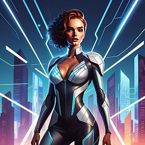 Confident Woman in Futuristic Suit Against Neon Cityscape