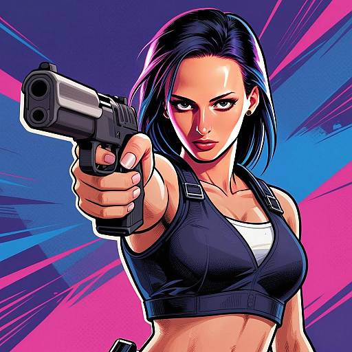 Illustrated Woman Pointing Gun in Bold Comic Book Style