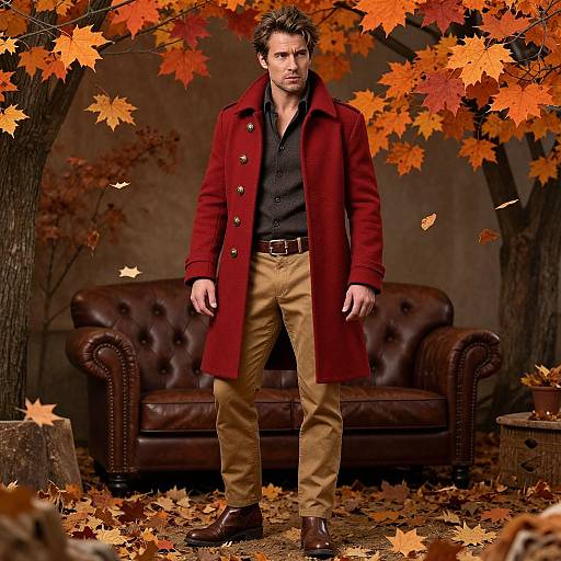 Fashionable Man in Red Coat Posing in Autumn Setting