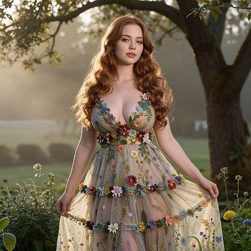 Red-haired Woman in Floral Embroidered Dress in Sunlit Garden