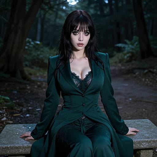Woman in Deep Green Gothic-Inspired Suit Sitting on Stone Bench in Forest