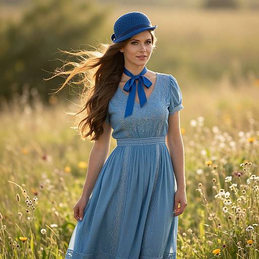 Young Woman in Vintage Blue Dress Standing in Wildflower Meadow