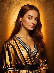 Woman in Casual Chic Metallic Gold Striped Dress with Puff Sleeves