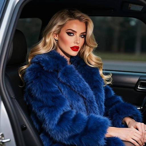 Glamorous Woman in Blue Fur Coat Sitting in Car