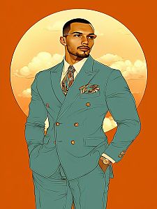 Confident Man in Teal Suit Against Orange Background