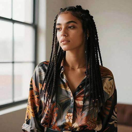 Thoughtful Young Woman in Floral Silk Blouse with Long Braids