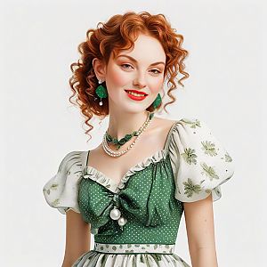 Woman in Vintage Green Dress with Curly Red Hair