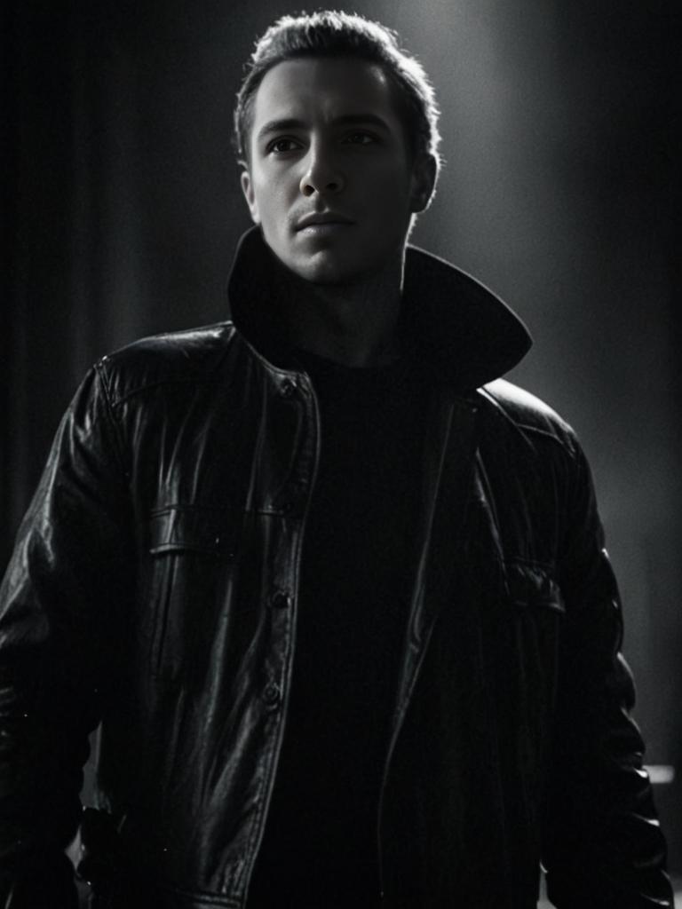 Mysterious Man in Leather Jacket - Black and White