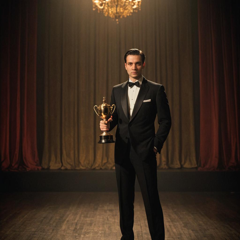 Elegant Man in Tuxedo Holding Trophy on Stage