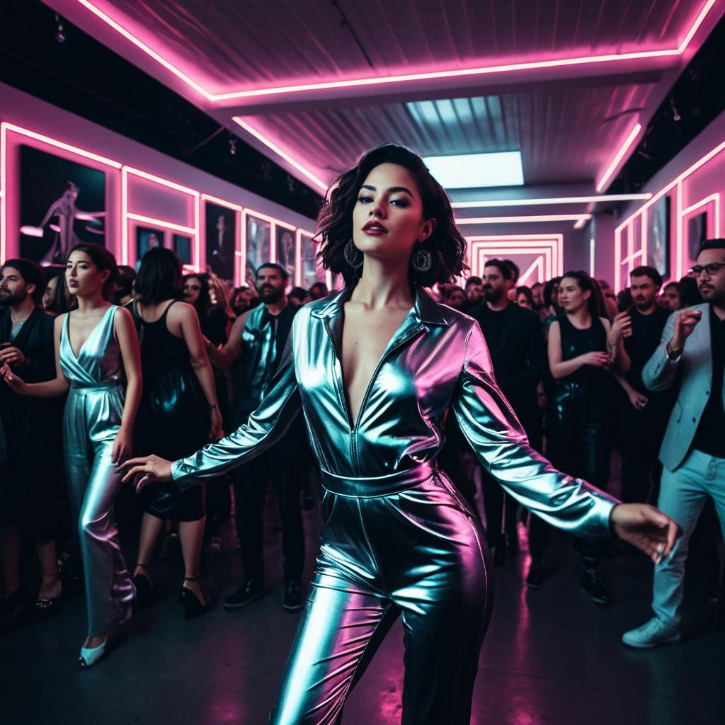 Woman in Metallic Jumpsuit Dancing at Neon-Lit Nightclub Party