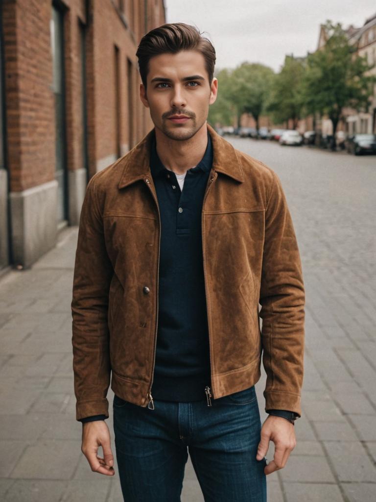 Stylish Man in Suede Jacket on Urban Street