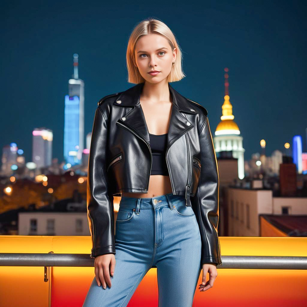 Stylish Woman in Leather Jacket Against City Skyline