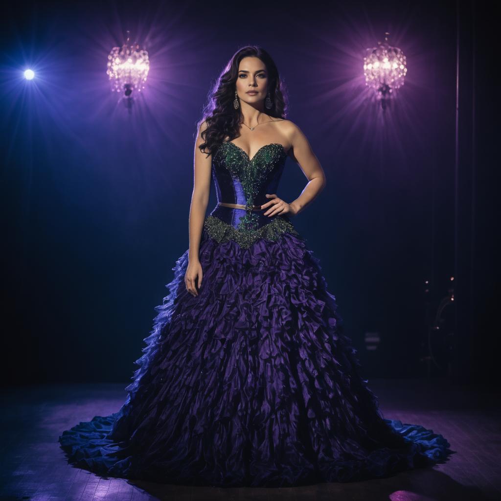 Elegant Woman in Dark Purple Ruffled Ball Gown in Vintage Lighting