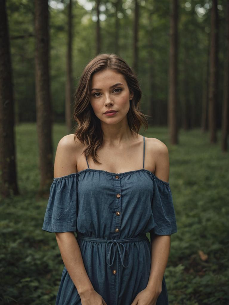 Woman in Off-Shoulder Denim Dress in Lush Forest