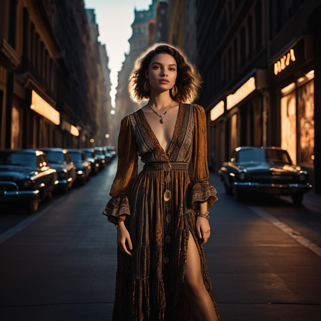 Elegant Woman in Bohemian Dress on Urban Street