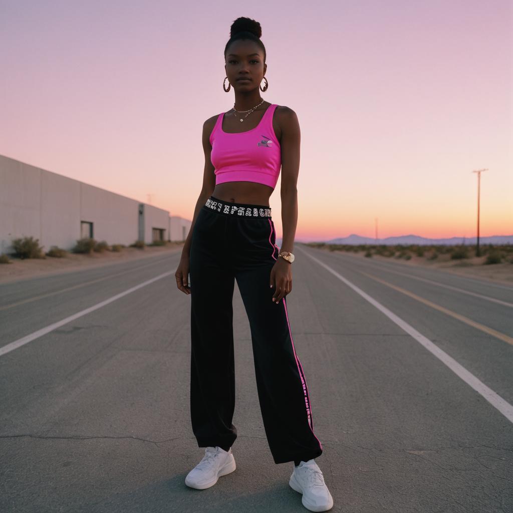 Young Woman in Pink Crop Top and Black Track Pants on Desert Road at Sunset