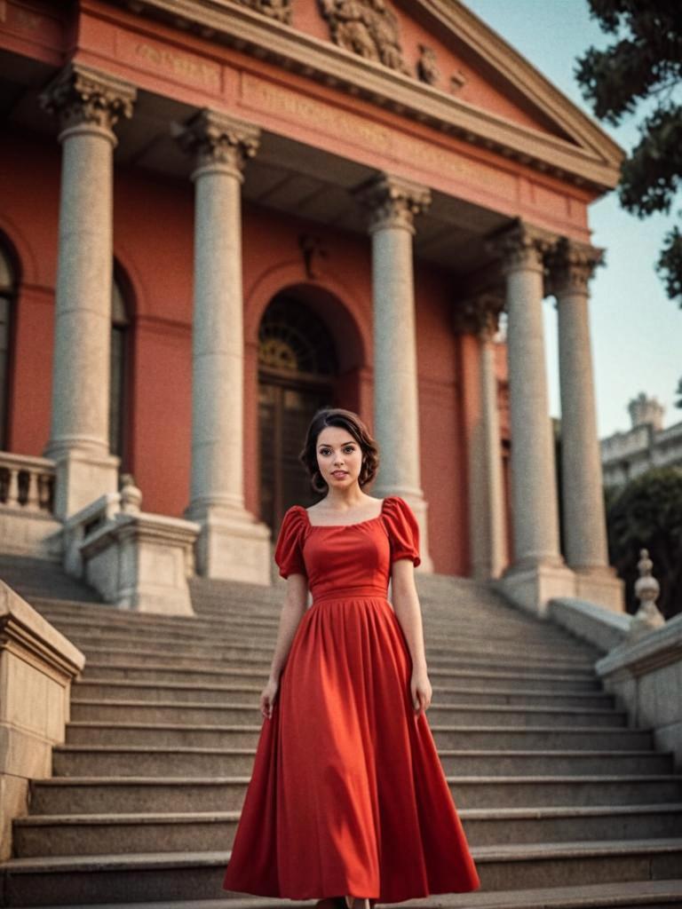 Woman in Red Dress by Neoclassical Building