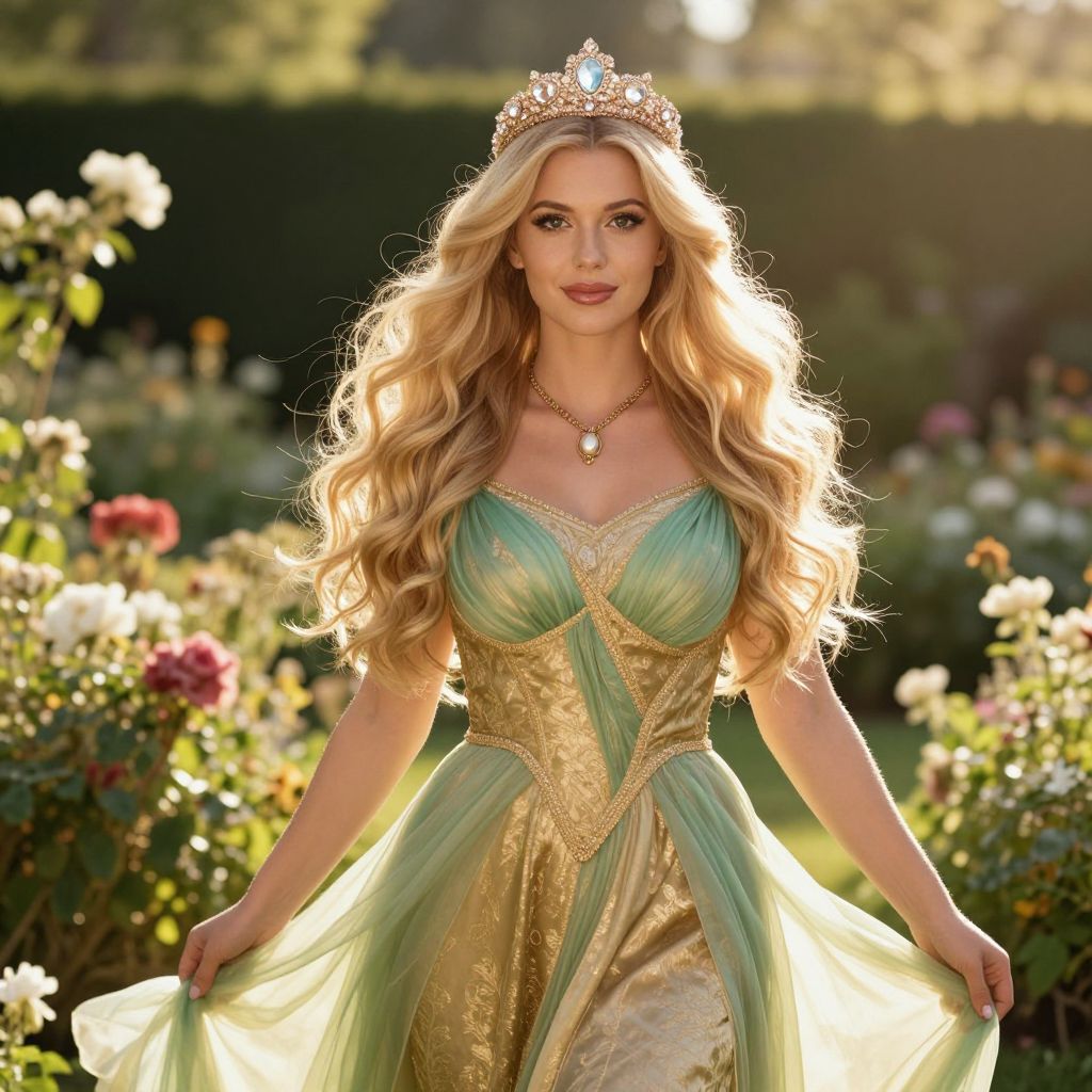 Princess in Golden Green Gown with Tiara in Garden