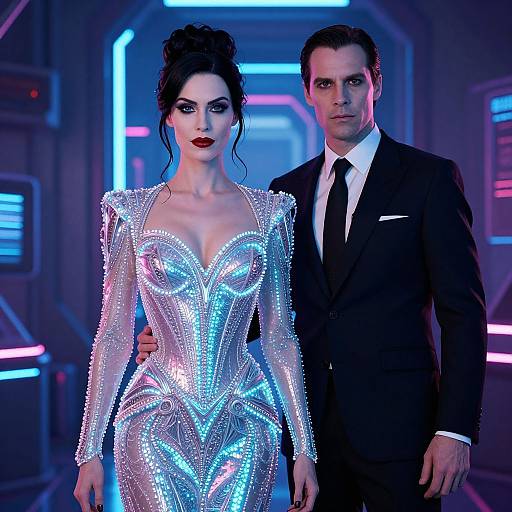 Futuristic Couple in Neon-Lit Sci-Fi Fashion