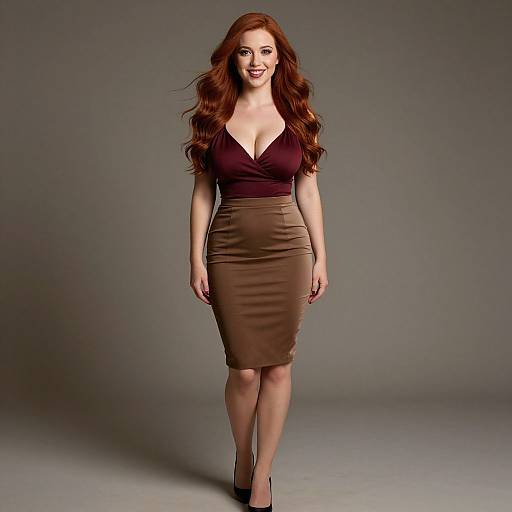 Confident Red-Haired Woman in Burgundy Top and Beige Pencil Skirt