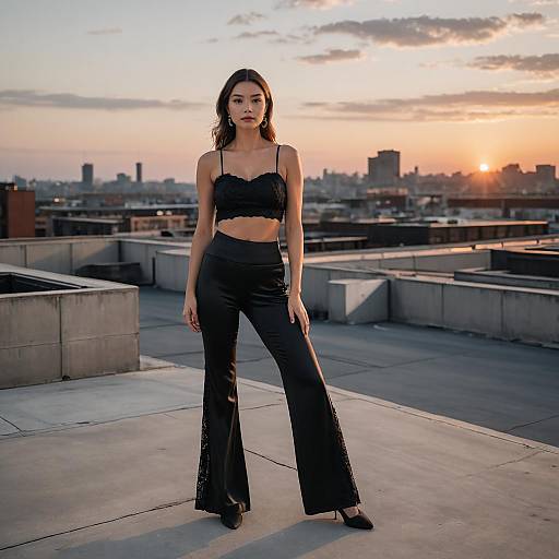 Fashionable Woman in Black Lace Crop Top and Flared Pants on Rooftop at Sunset