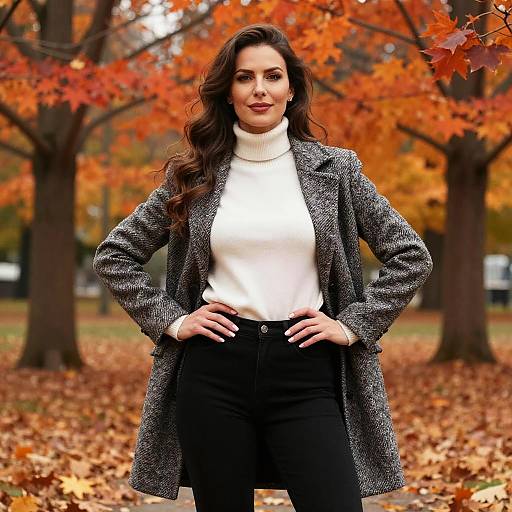 Confident Woman in Grey Tweed Coat and White Turtleneck in Autumn Park