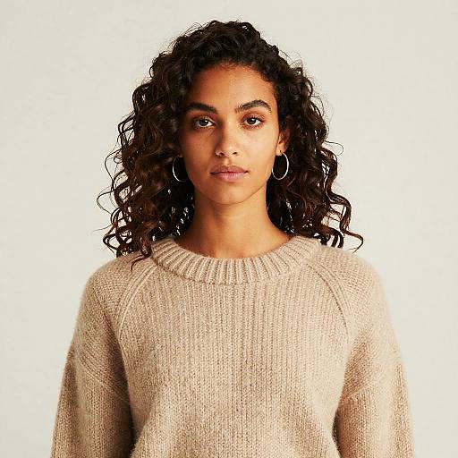 Young Woman Wearing Beige Knitted Sweater with Curly Hair