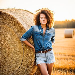 Woman with Curly Hair by Hay Bale at Golden Hour