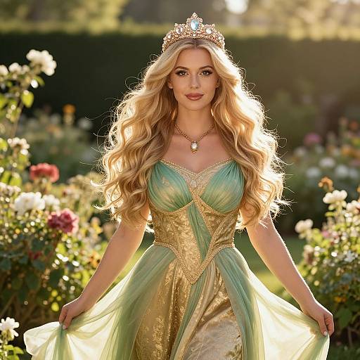 Princess in Golden Green Gown with Tiara in Garden