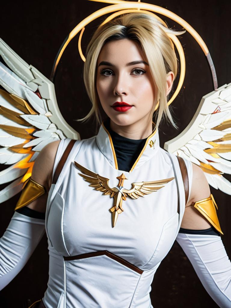 Realistic Photograph of Woman Cosplaying Mercy from Overwatch with Angel Wings