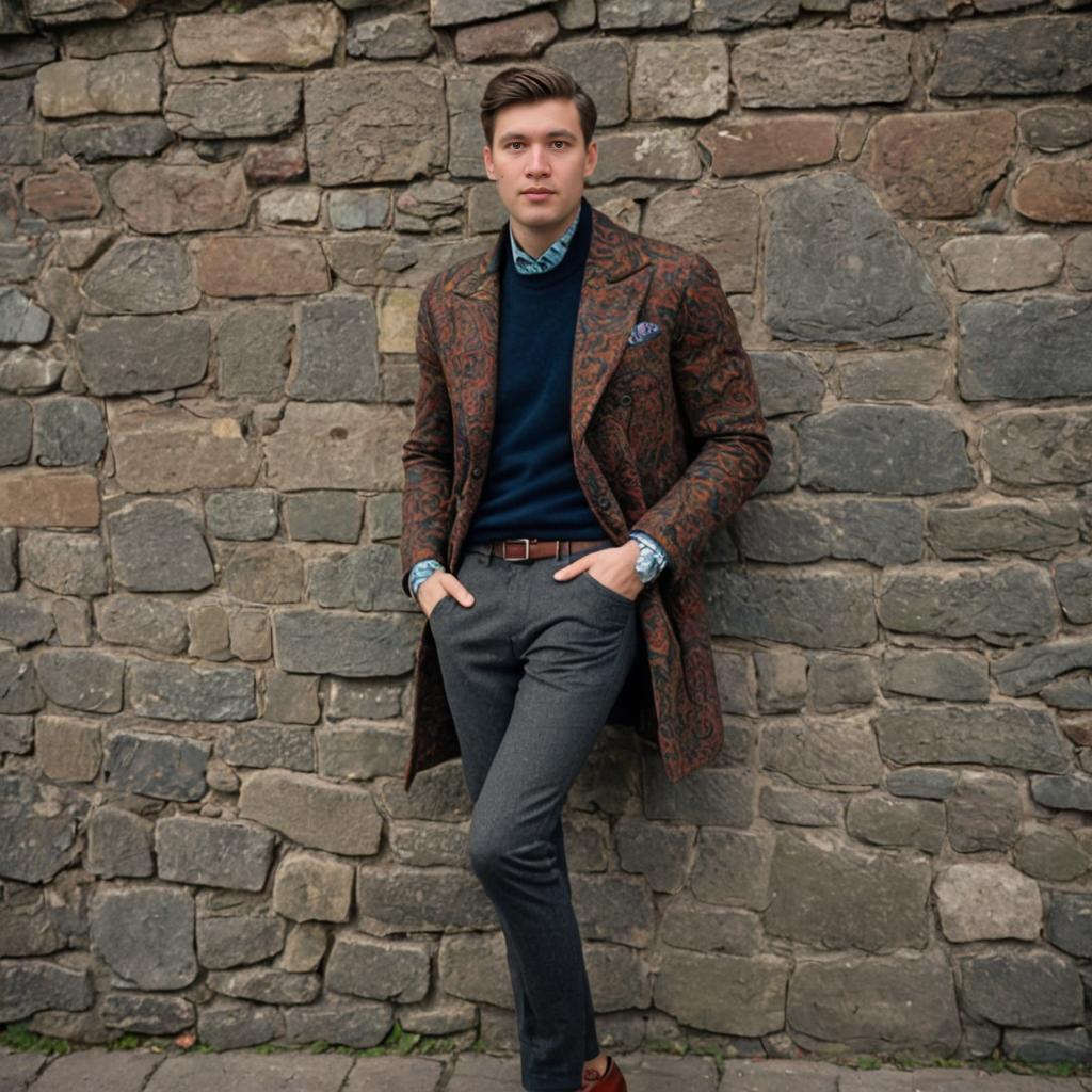 Confident Man in Stylish Jacket Against Stone Wall