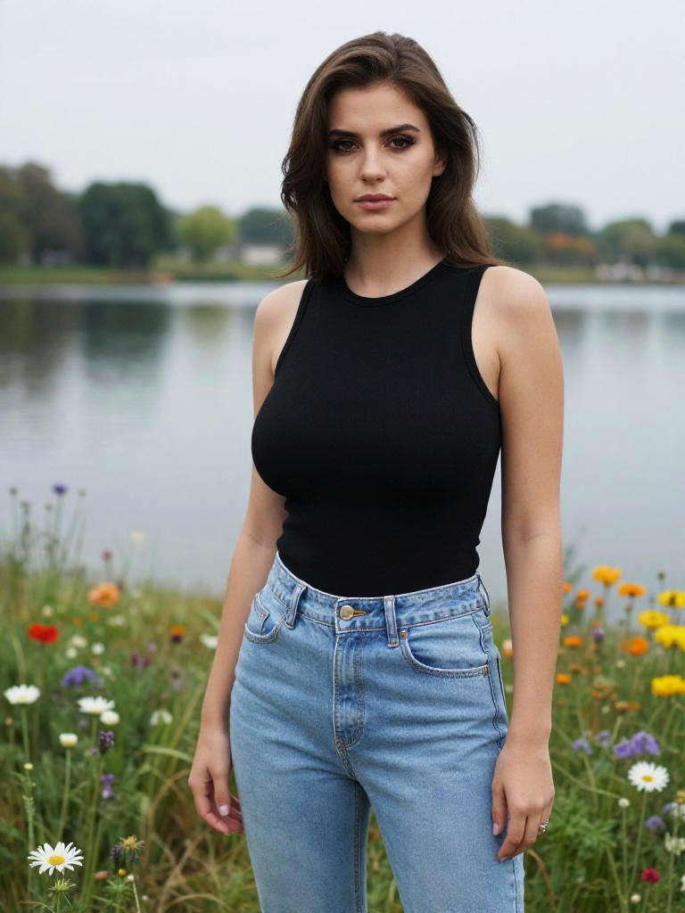 Woman in Sleeveless Black Top and Jeans by Lake in Cibachrome Style