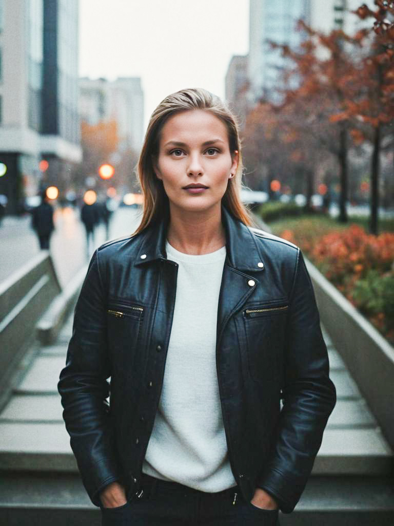 Confident Woman in Leather Jacket in Autumn City