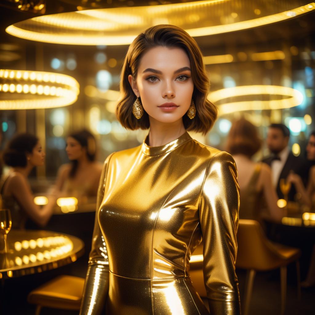 Elegant Woman in Gold Dress at Upscale Bar