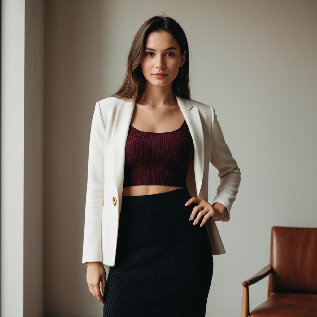 Confident Woman in White Blazer and Cropped Top Office Fashion