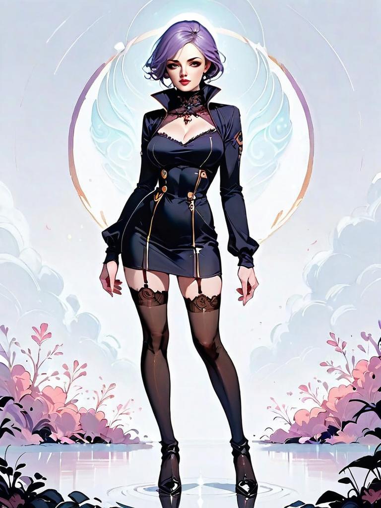 Dark Fantasy Woman with Purple Hair in Elegant Black Dress - Full Body Digital Art