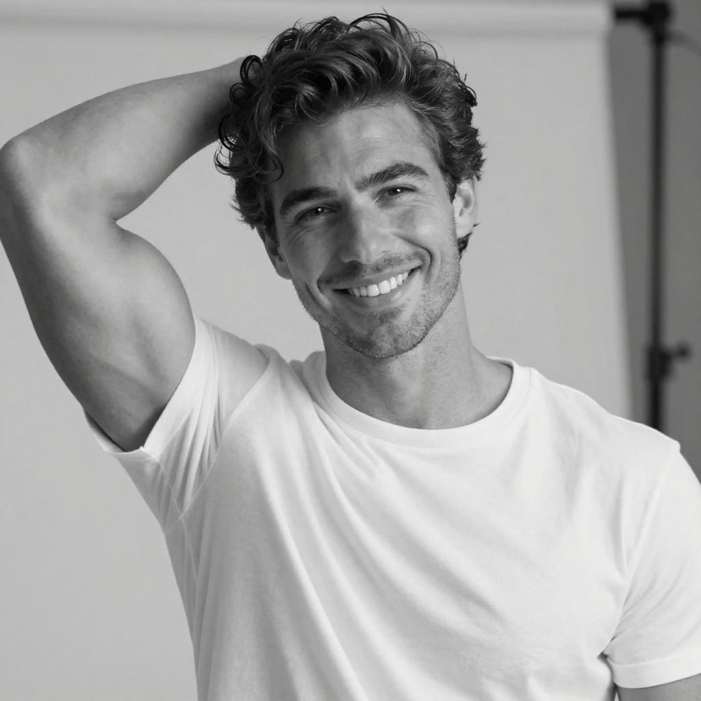 Smiling Young Man Relaxed in White T-Shirt Black and White Portrait