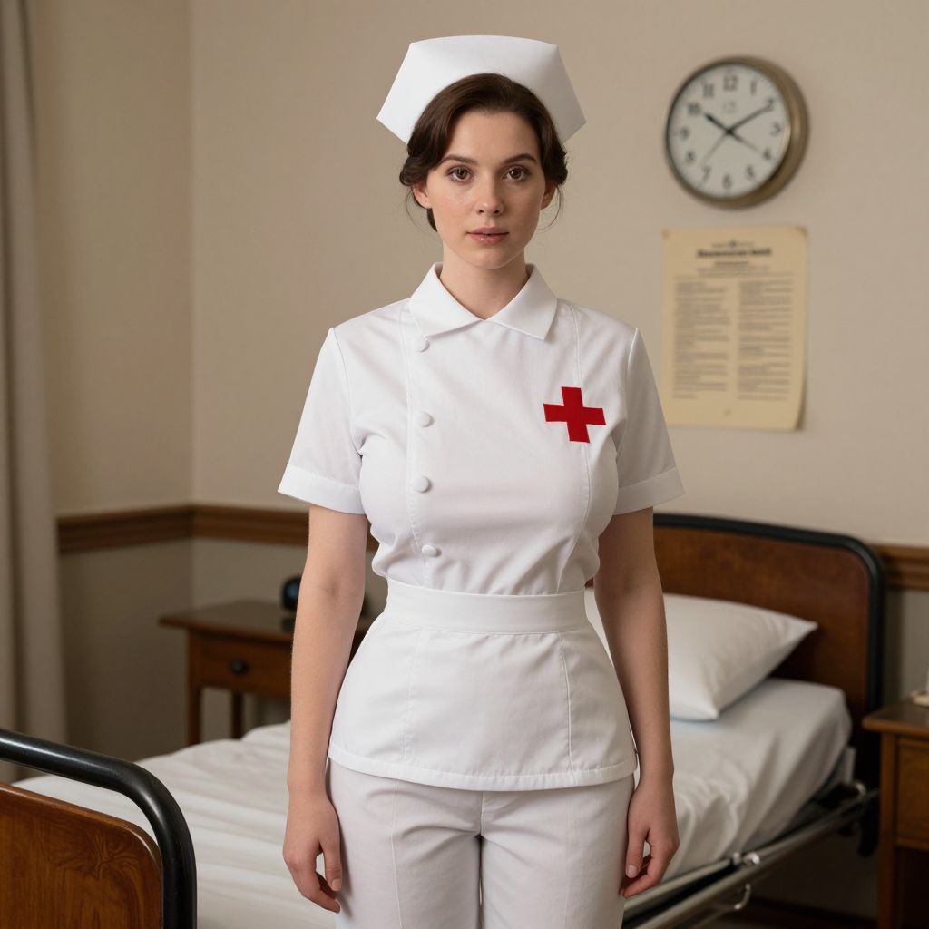 Vintage Nurse in Classic Uniform Standing in Hospital Room