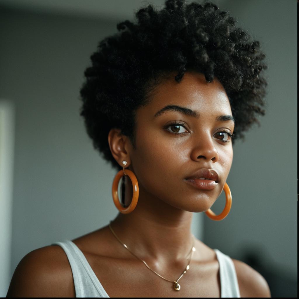 Natural Close-Up Portrait of Woman with Curly Hair and Hoop Earrings