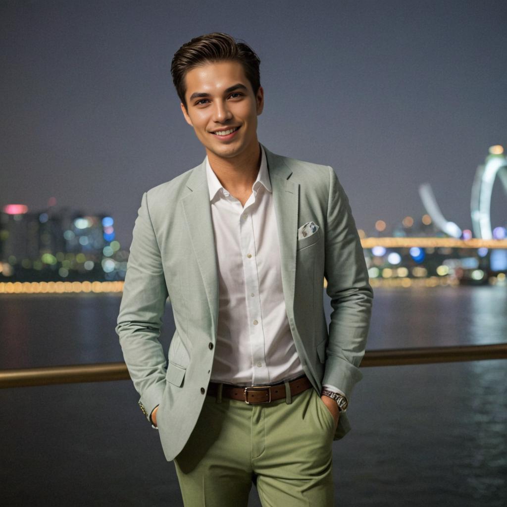 Confident Man with Camera at Marina Bay Sands, Singapore Night Skyline