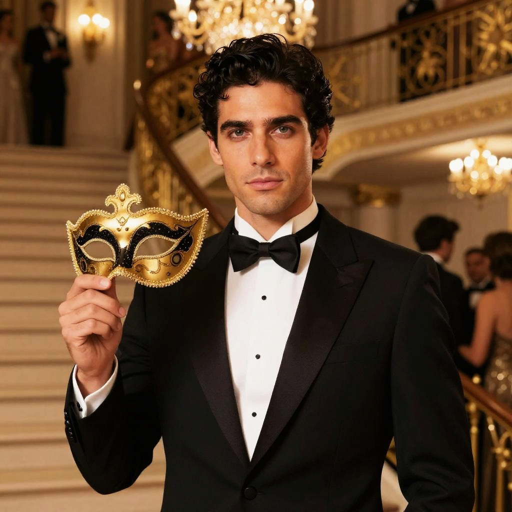 Elegant Man Holding Venetian Mask at Masquerade Ball in Formal Tuxedo
