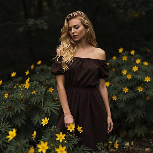 Woman in Dark Brown Off-Shoulder Dress Among Yellow Flowers in Nature